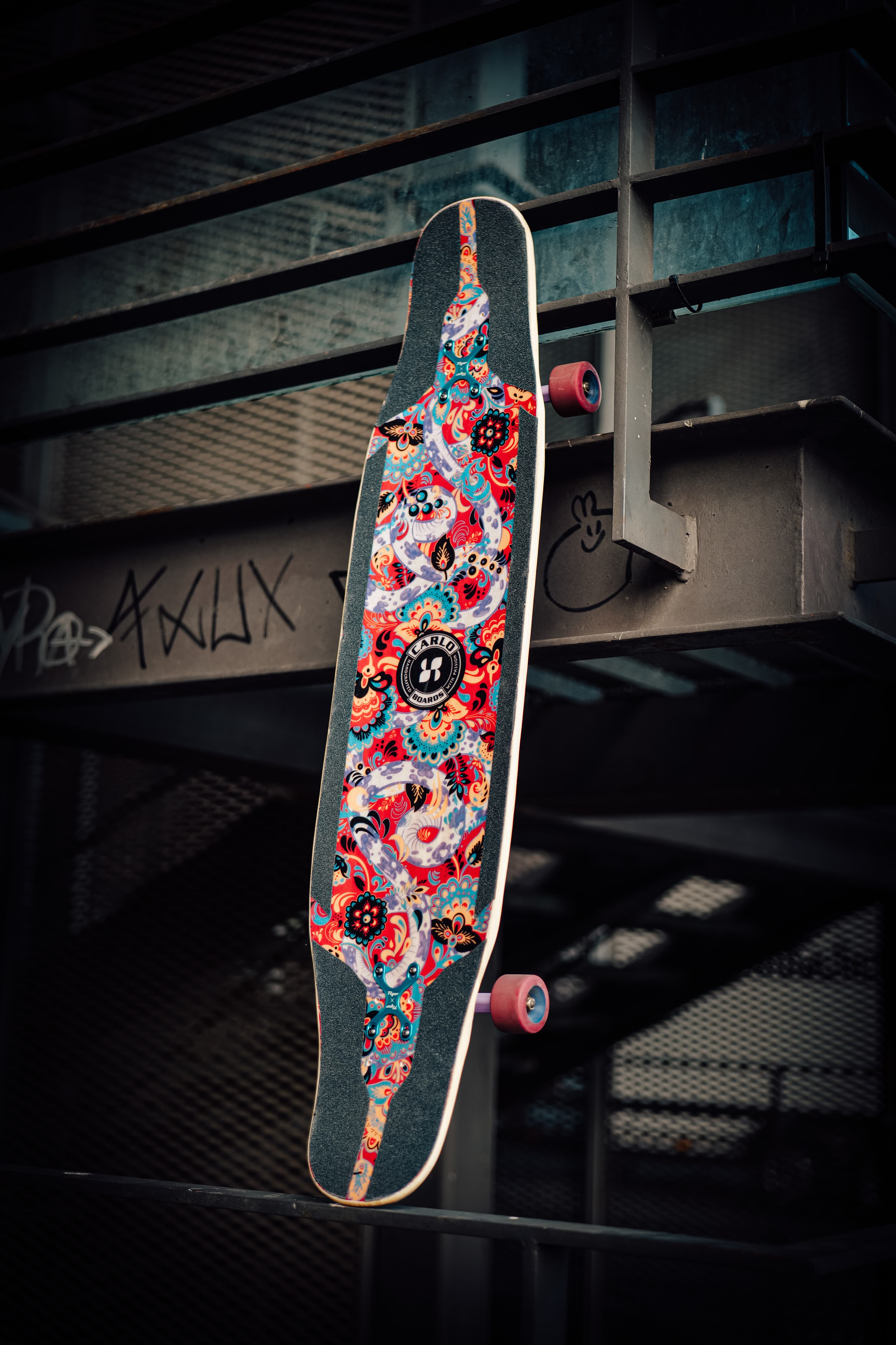 Front of the printed design on a longboard