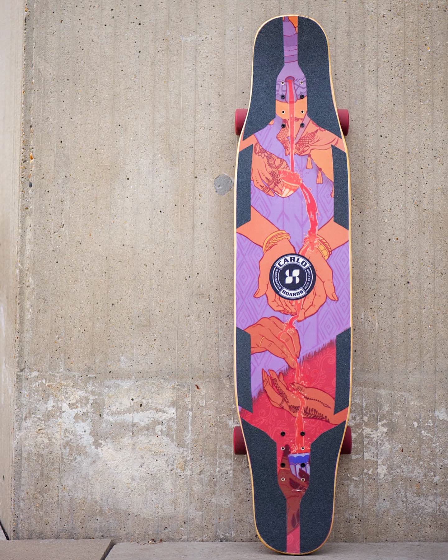 Front of the Spill the tea Longboard Design showing the full artwork